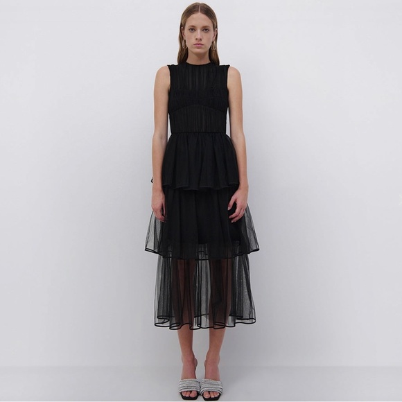 NEW JONATHAN SIMKHAI BLACK TIERED TULLE MIDI DRESS - Picture 10 of 10